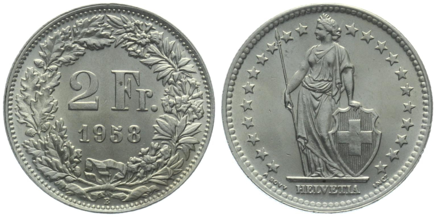 2 Franken 1958 B - fast unzirkuliert